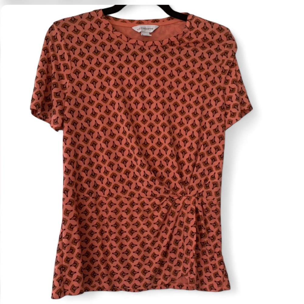 Boho Comfy Y2K Liz  Claiborne Orange & Brown Patterned Short Sleeve Top size S